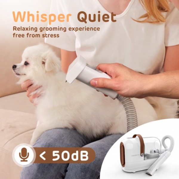 Dog Grooming Vacuum Kit - 3L Vacuum with 7 Tools, Low Noise Electric Clipper and Brush for Pet Shedding at Home, White