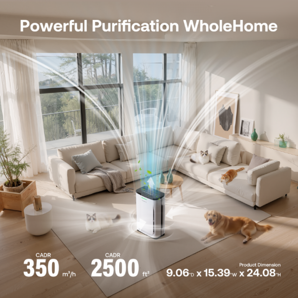HEAPETS Pet Air Purifier Large Home up to 4200 sq ft, Suck up Floating Cat Dog Hair, 7-Stage Filter Anion Activated Carbon HEPA Air Purifiers WiFi for Dander Odor Allergies Smoke Dust, Zero Ozone, P339 White